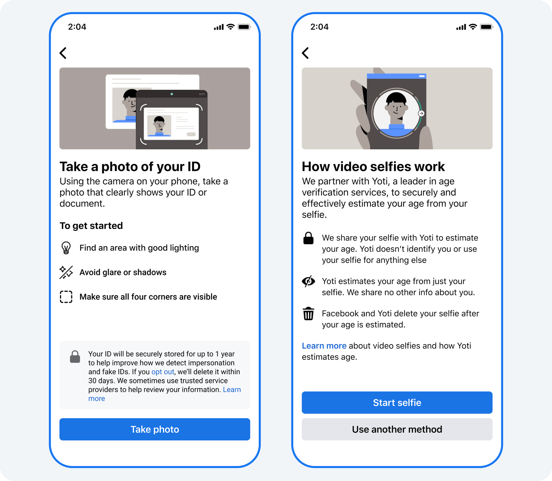 An image explaining the photo ID and video selfie options to verify your age on Facebook Dating.